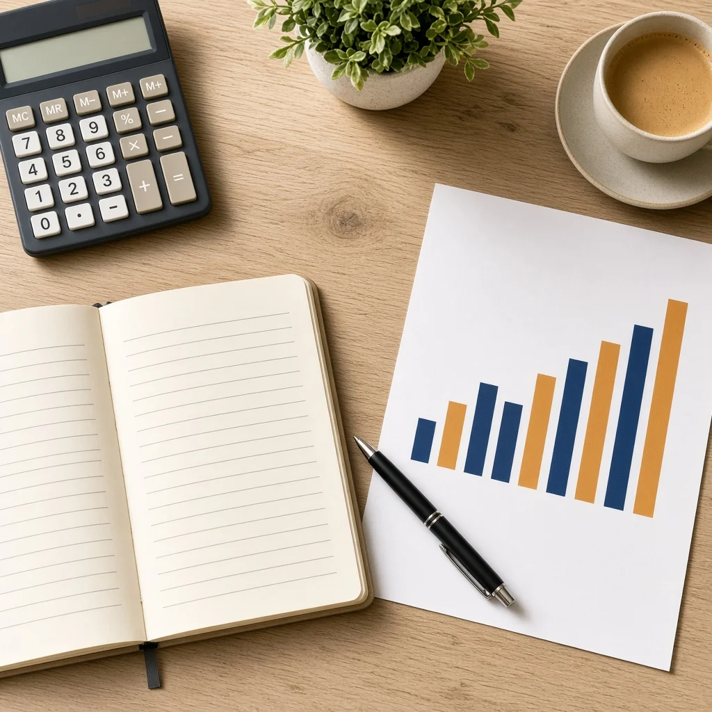 Calculator, notebook and a simple forecast chart used to plan business finances