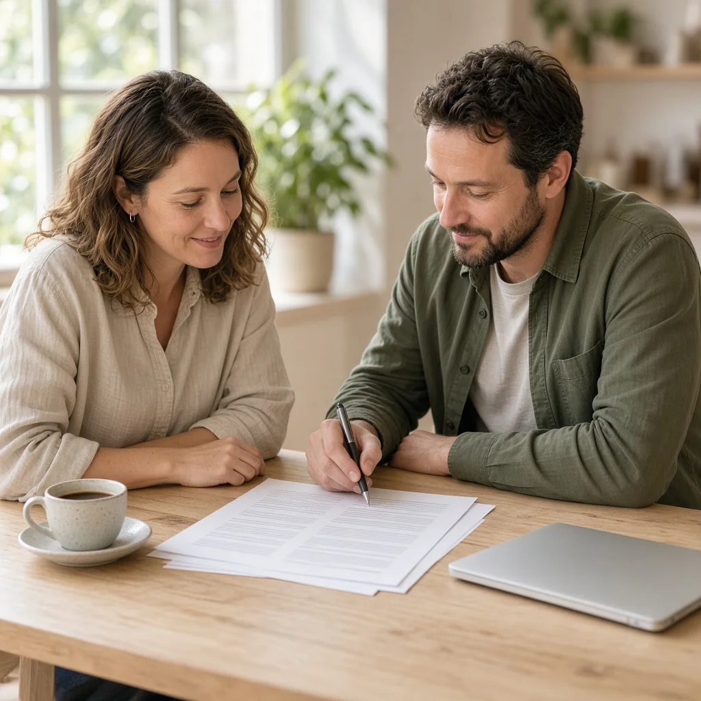 Two small business owners working through a written plan at a table