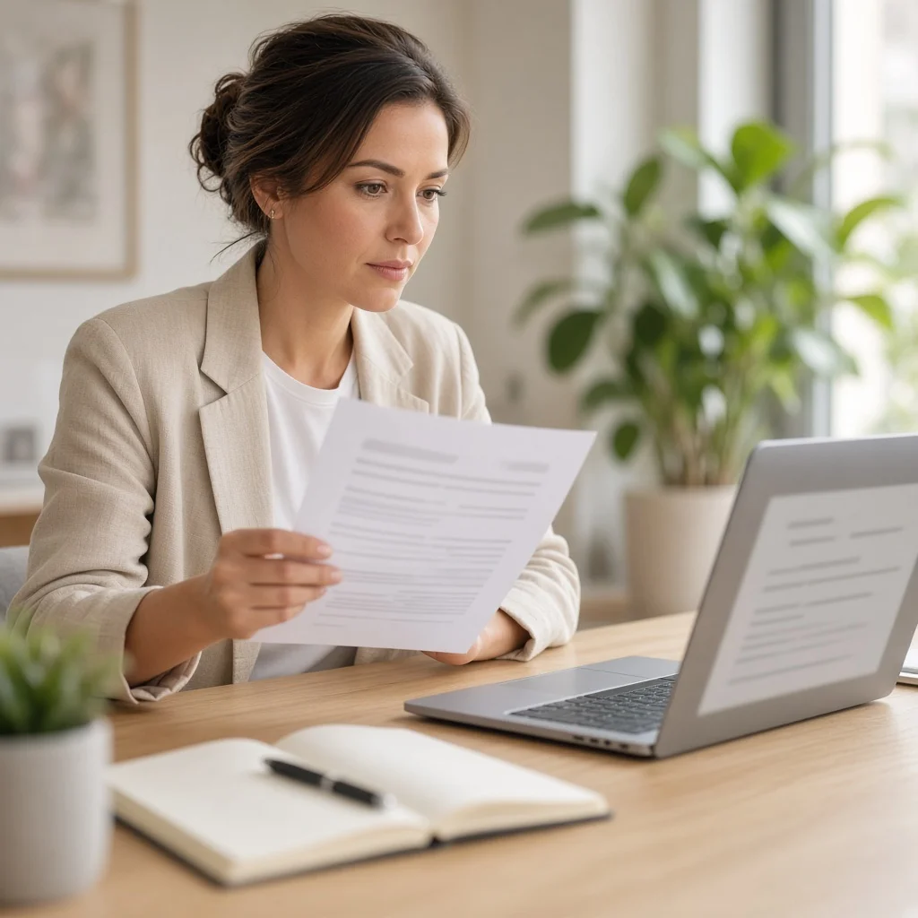 Business owner reviewing plan progress against notes and a laptop