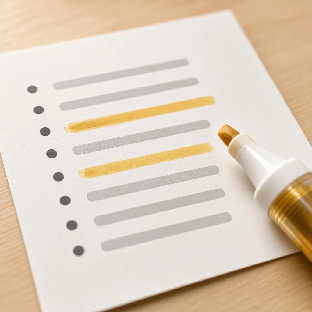 Close-up of CV bullet points with two entries marked by a highlighter
