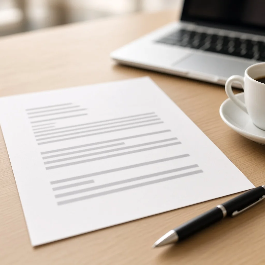 Cleanly formatted CV laid out on a desk beside a laptop and coffee