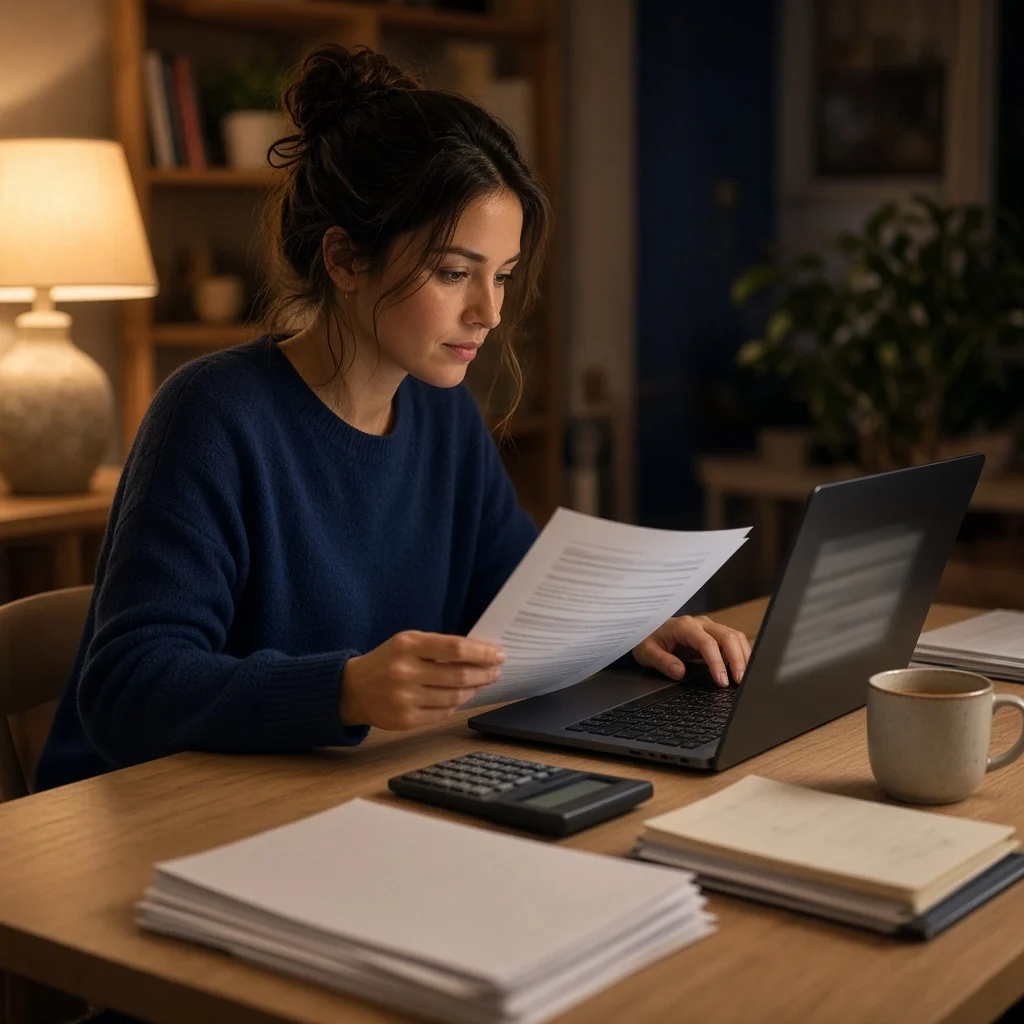 Freelancer at a laptop reviewing an invoice beside a calculator, notebook and cup of tea