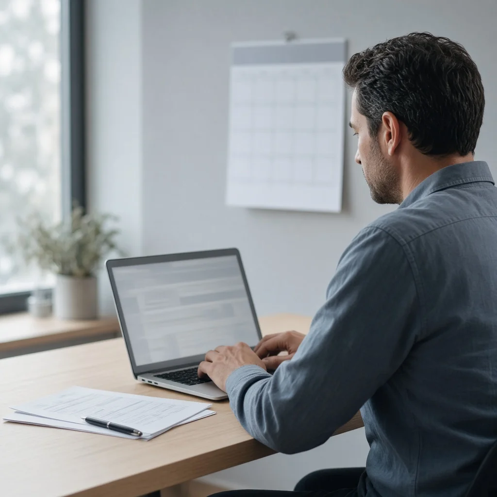 Person writing a short follow-up email at a desk with a calendar and paperwork nearby