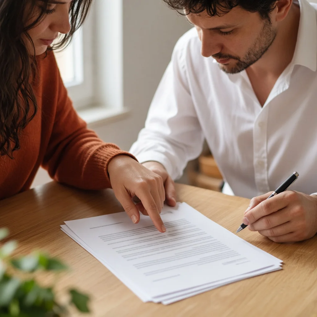 Freelancer and client reviewing a printed agreement together across a desk before signing