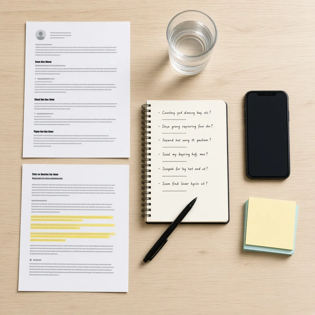Desk laid out for a phone interview with a printed resume, highlighted job description, notebook of questions and a smartphone