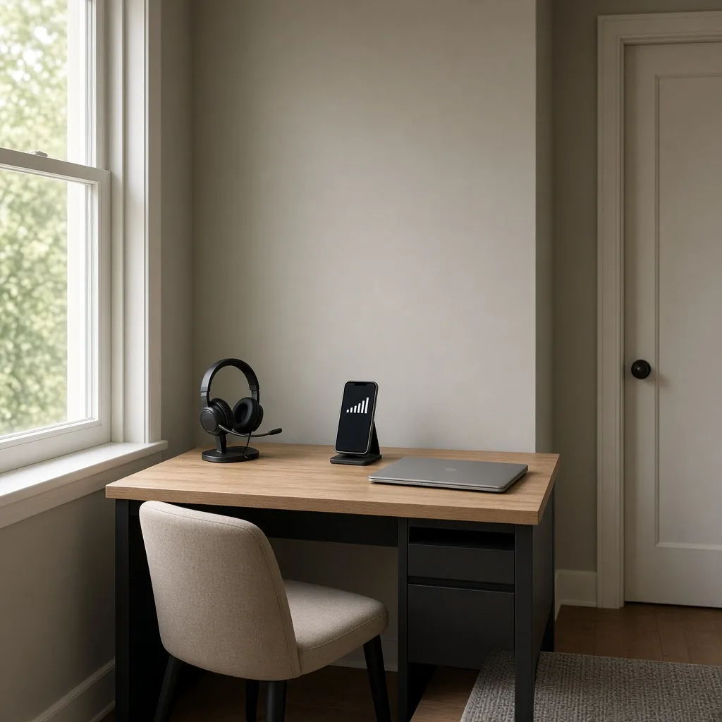 Quiet tidy home office corner set up for a call with a headset, phone showing full signal and a closed door