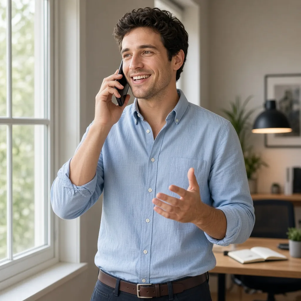 Man standing by a window speaking on the phone with an animated expression and open hand gesture