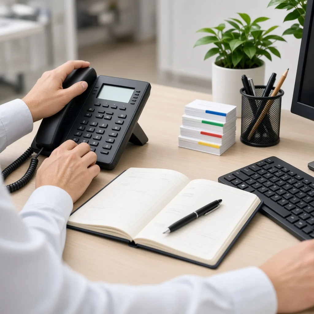Receptionist's desk with a multi-line telephone, open appointment diary, keyboard and visitor badges