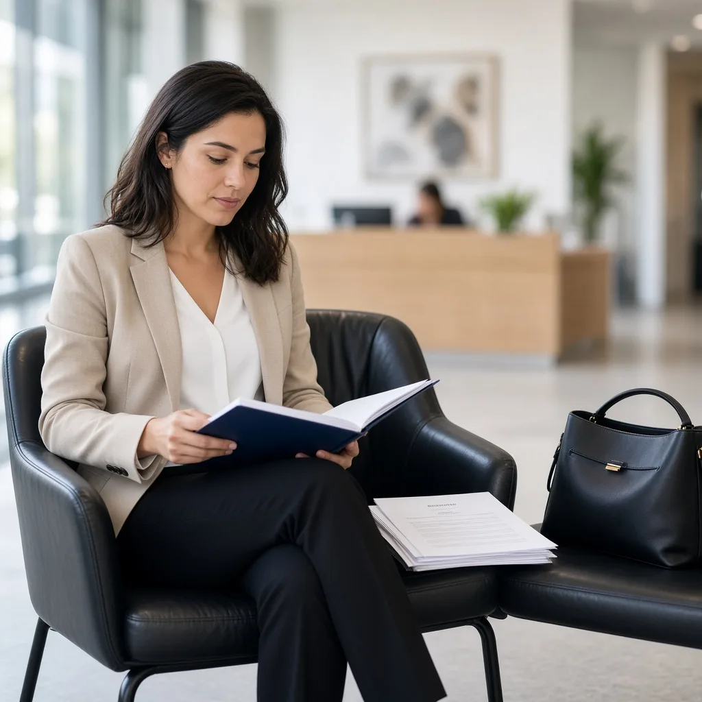 Well-presented candidate calmly reviewing notes in a folder while waiting in an office reception area