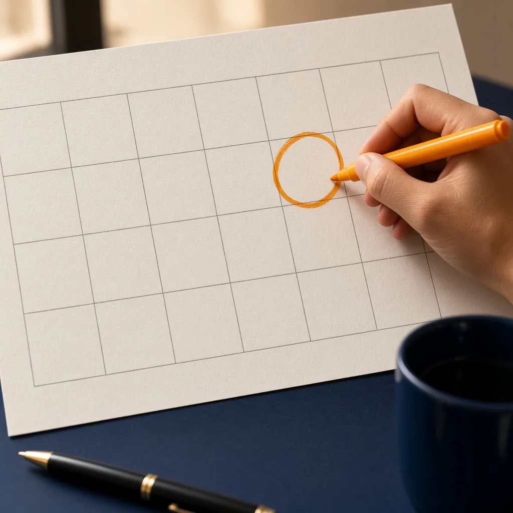 Hand circling a single date on a blank paper wall calendar with an amber marker