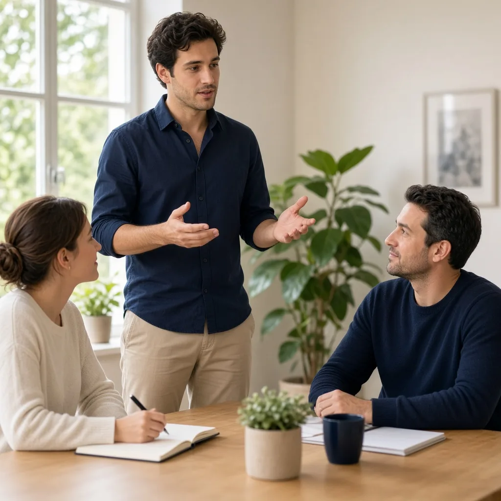 Professional practising a short presentation to two supportive colleagues in a bright office