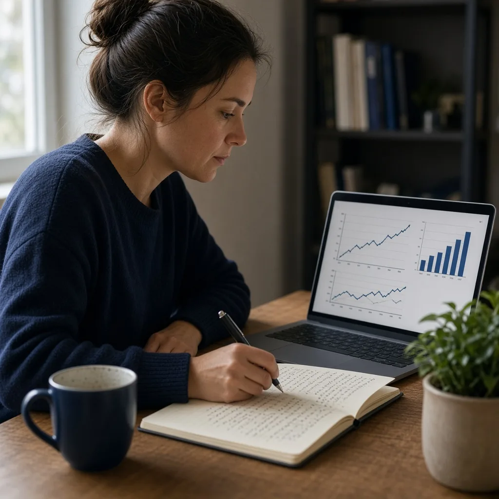 Person reviewing simple progress charts on a laptop while comparing them with handwritten notes in a journal