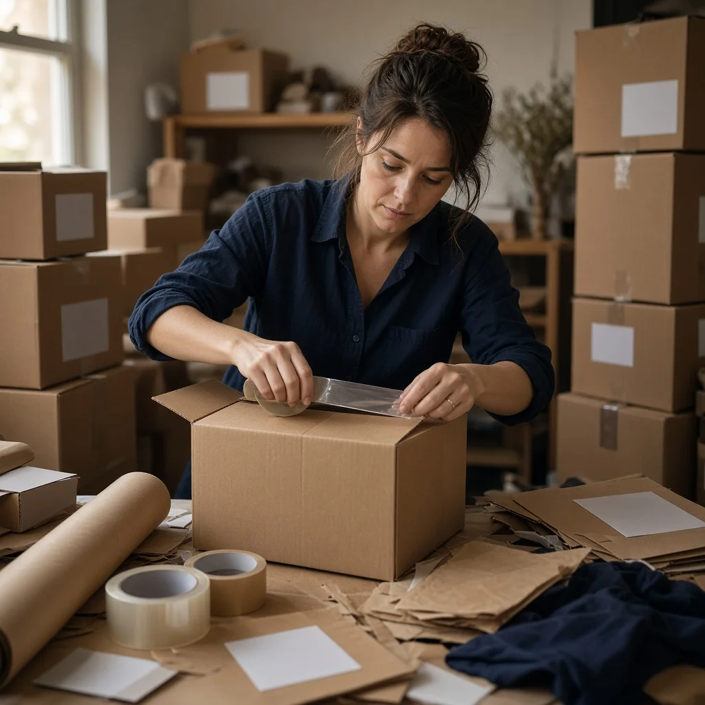 Business owner packing customer orders surrounded by boxes and packaging in a small workspace