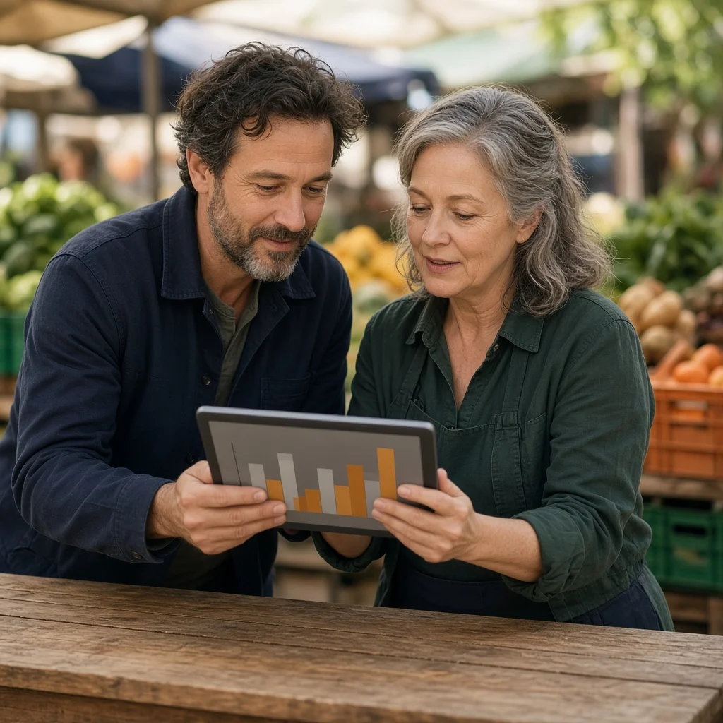 Two small business owners reviewing figures together on a tablet across a market stall counter