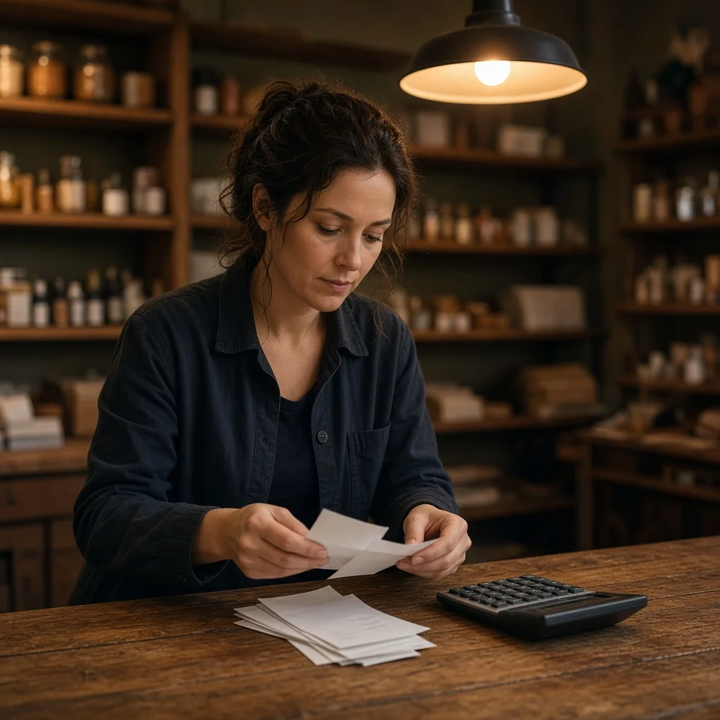 Small shop owner standing at a counter going through receipts and paperwork at the end of the day